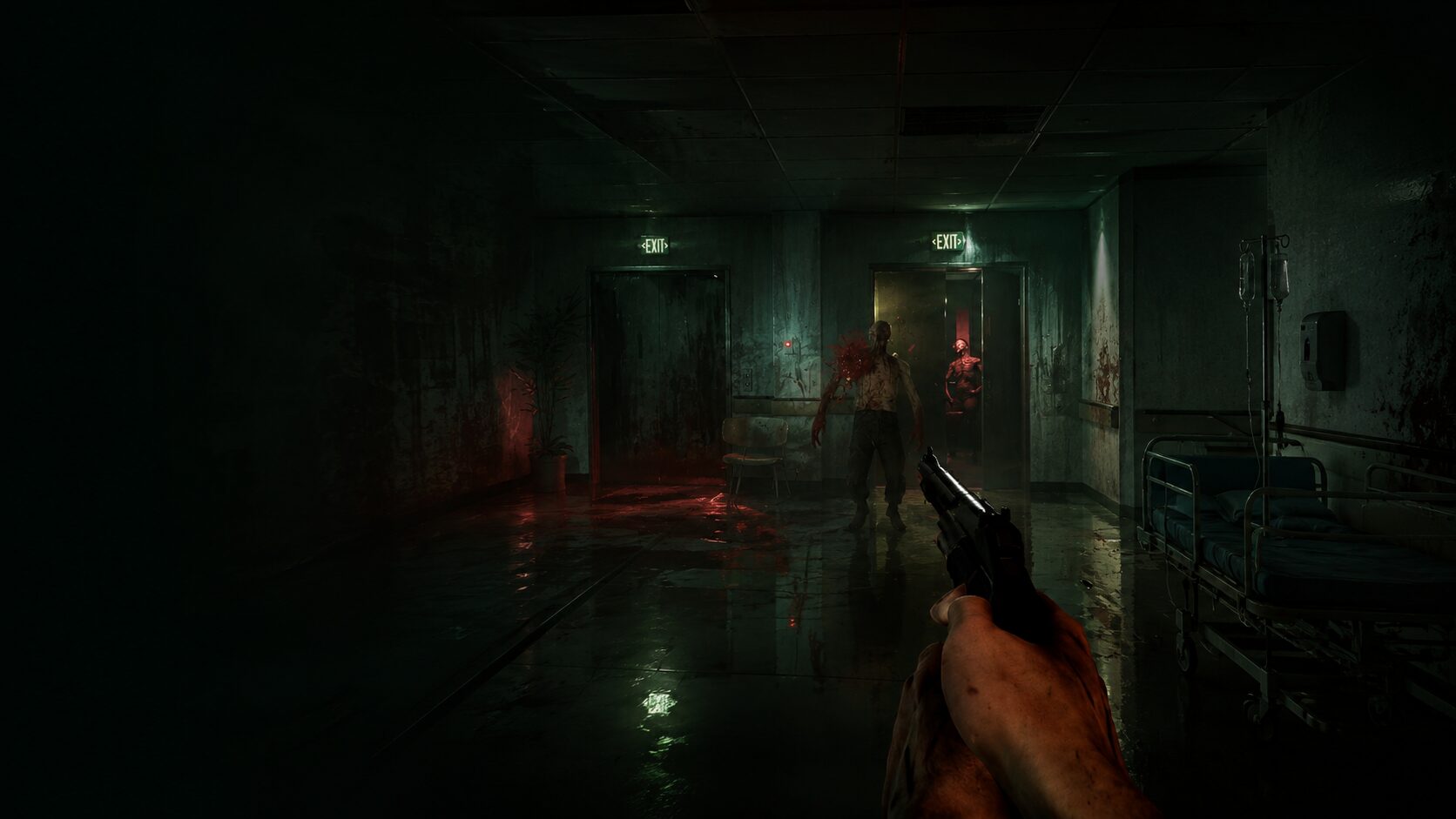 A first-person view down a red-lit hospital corridor