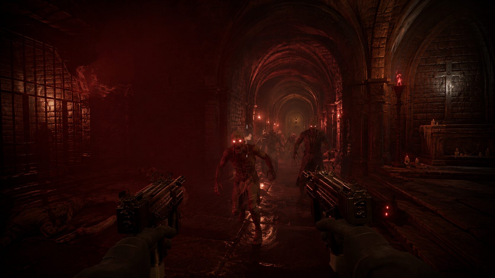 A torch-lit catacomb tunnel beneath Cursed Dawn