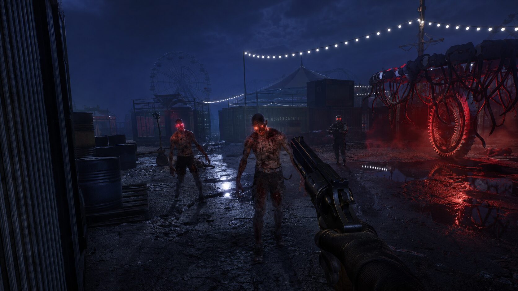 First-person view crossing the flooded carnival grounds as infected close in under a string of hanging lights