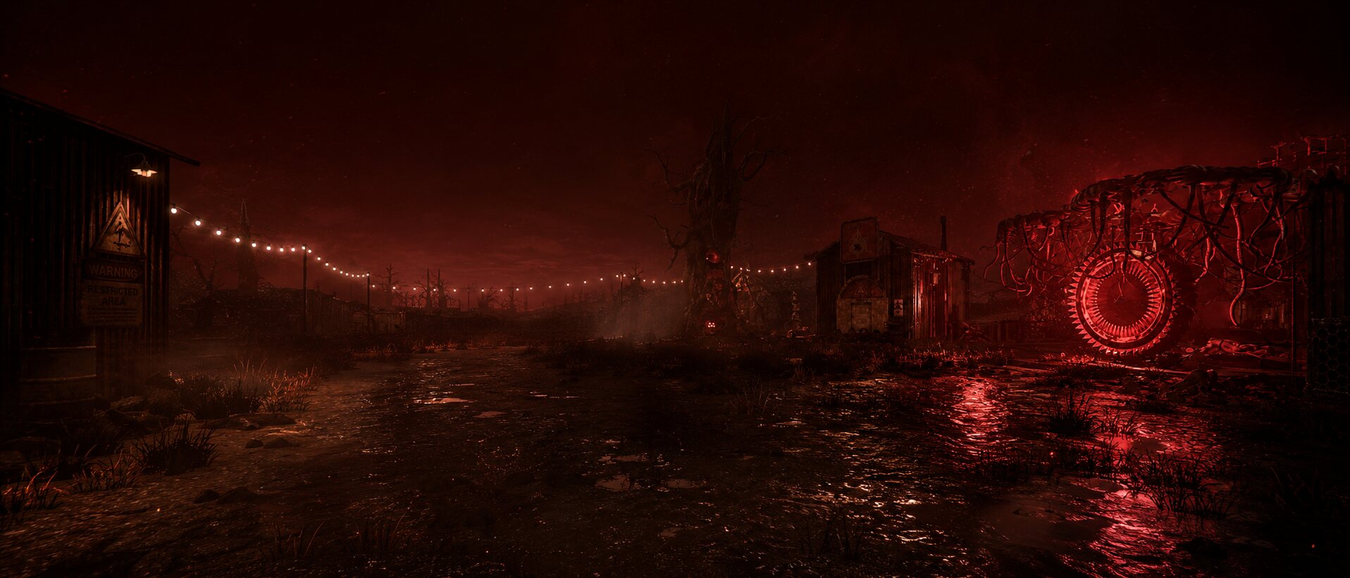 The warded portal and warning signage marking the edge of the cursed carnival grounds at night