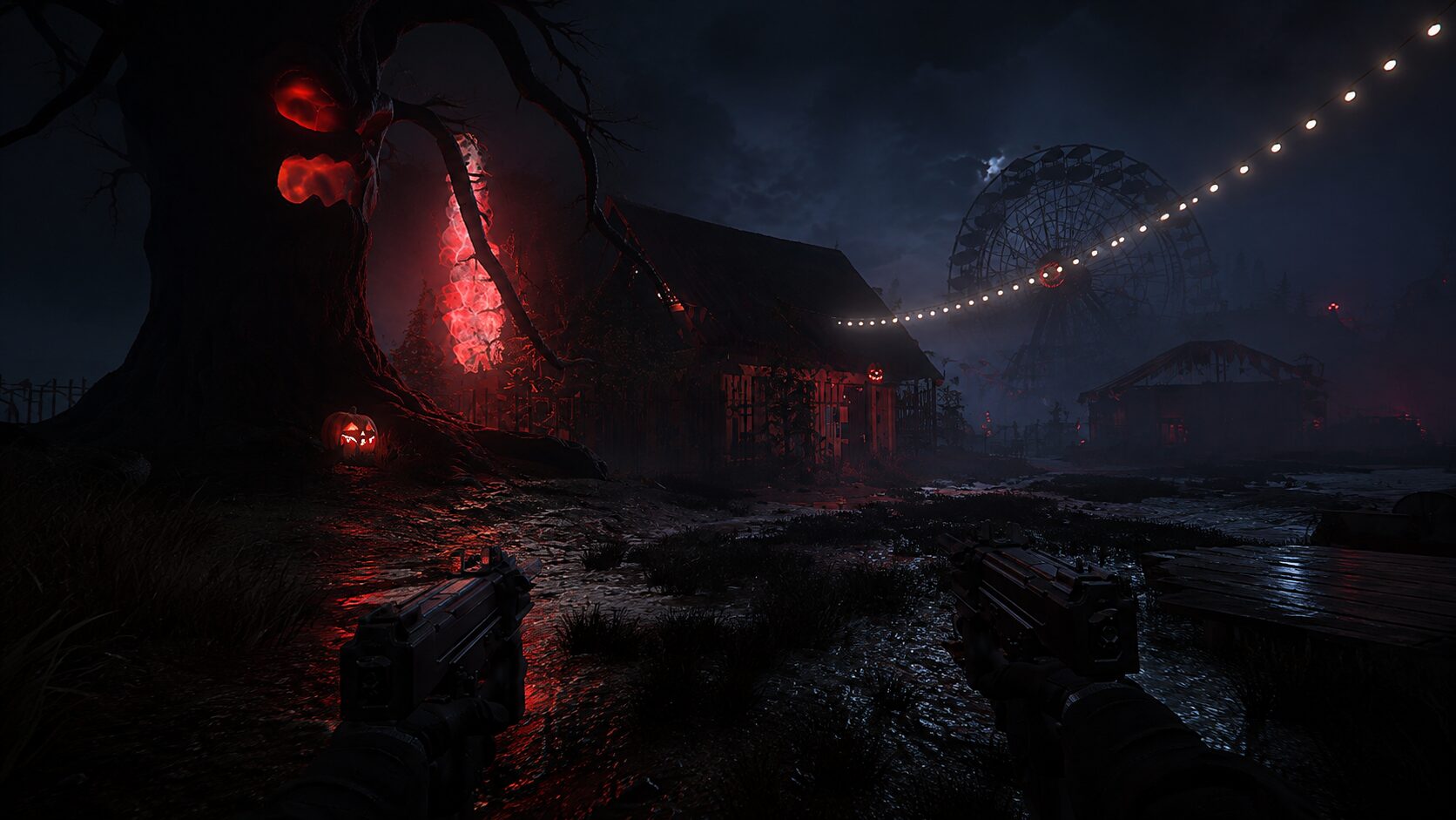 The cursed tree glowing at the edge of the carnival grounds, with a ferris wheel visible in the distance