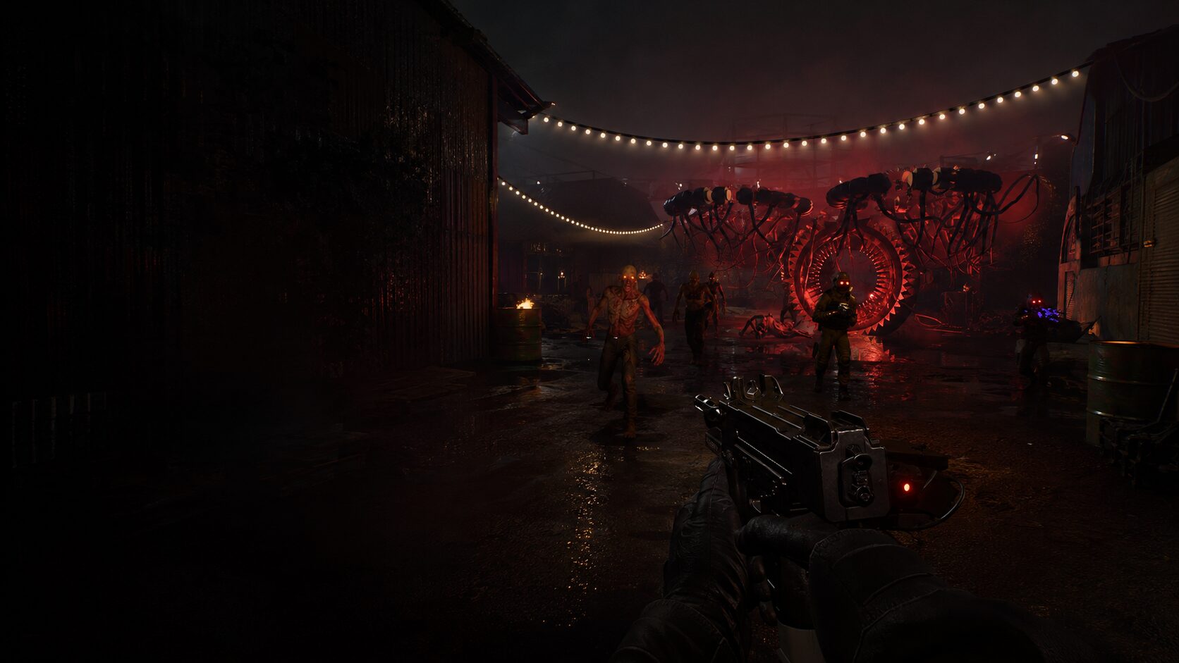 First-person view leveling a weapon at the glowing portal as infected close in