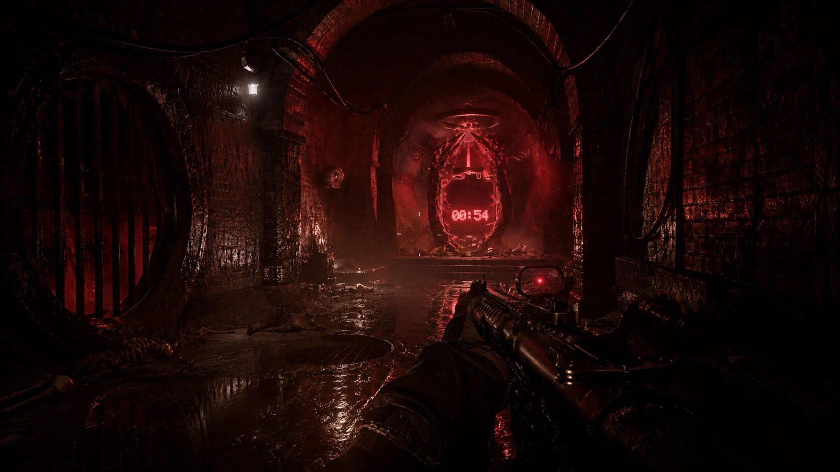 A sealed circular vault door in the catacombs, marked with a countdown timer