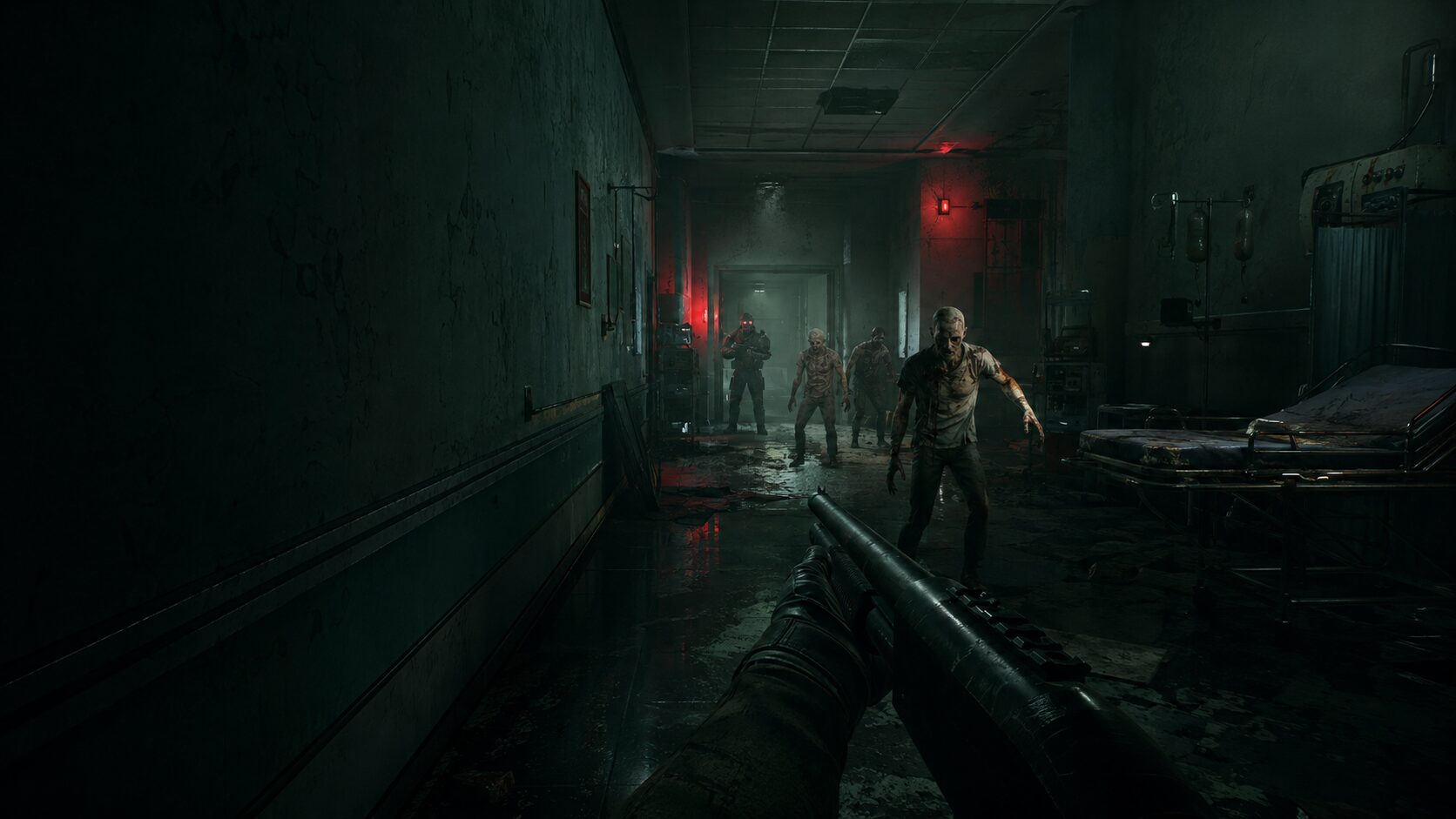 A first-person view down a quiet, teal-lit hospital corridor
