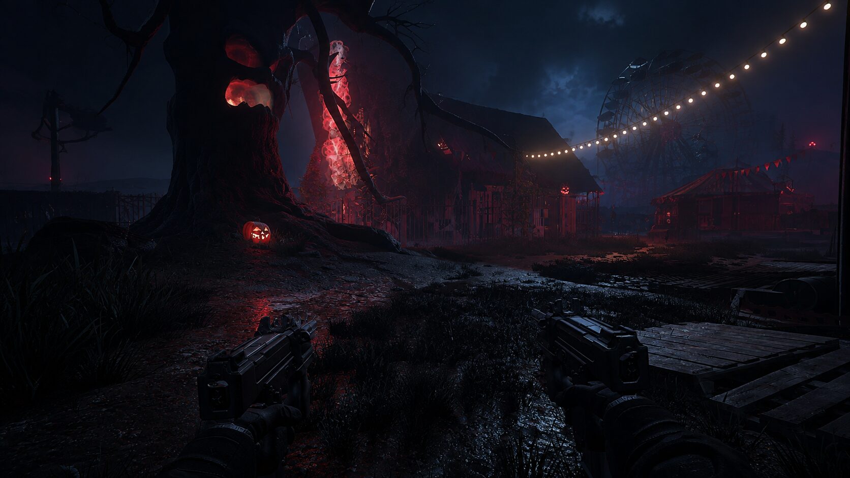 The cursed tree and carnival grounds seen beneath a string of hanging lights and a distant ferris wheel