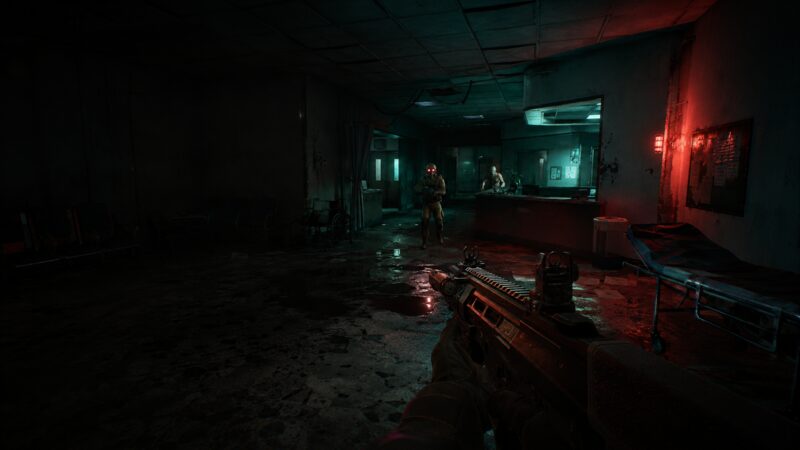 A teal-lit hospital corridor with an infected figure near the nurses station