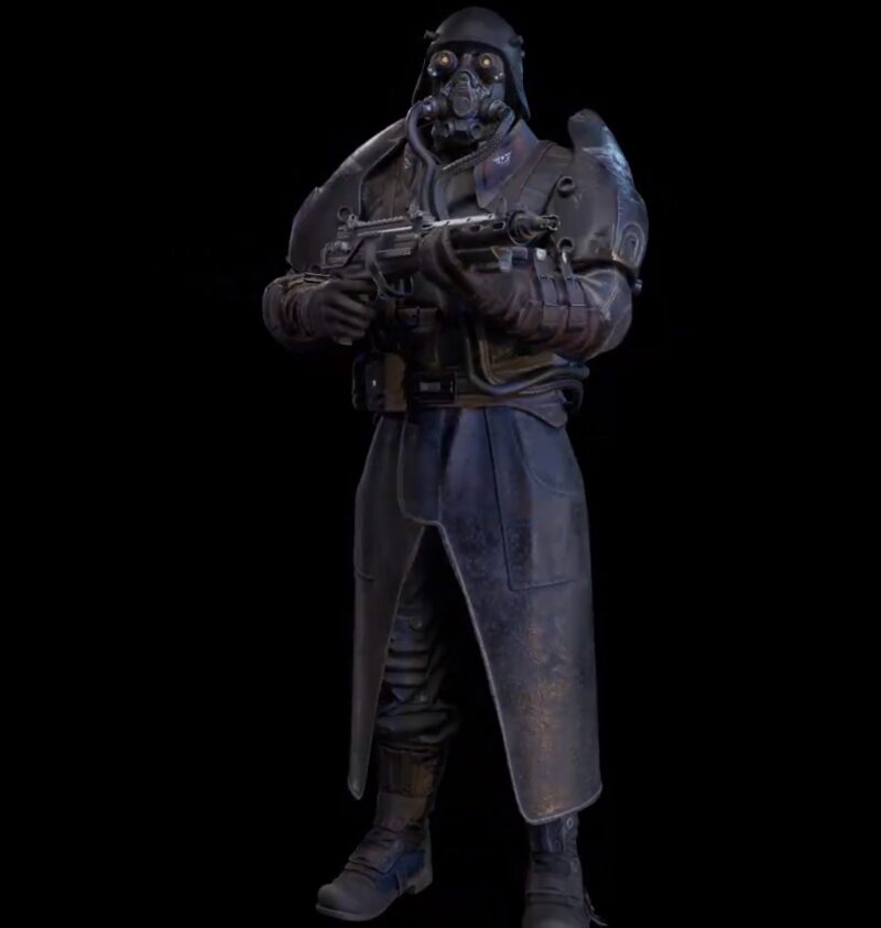 The masked Cursed Dawn protagonist in full combat gear, rendered against a black backdrop