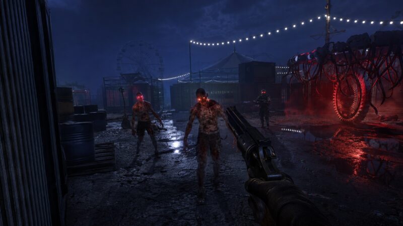 First-person view crossing the flooded carnival grounds as infected close in under a string of hanging lights